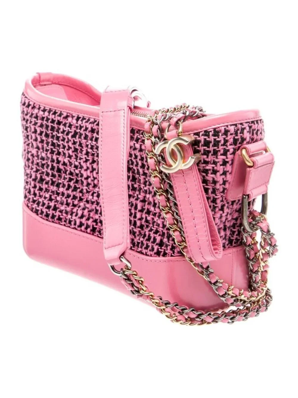 Chanel Small Gabrielle Pink Tweed Leather Trim Chain Tote Bag